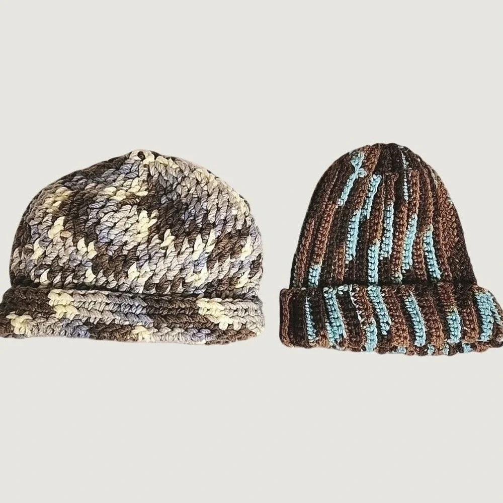 NWOT 2 Hand-Knit Beanies Warm Colors Cotton-Wool Acrylic Blends Cottagecore Cozy